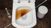 Záchodová mísa před a po vyčištění – efektivní odstranění vodního kamene pomocí kyseliny citronové.