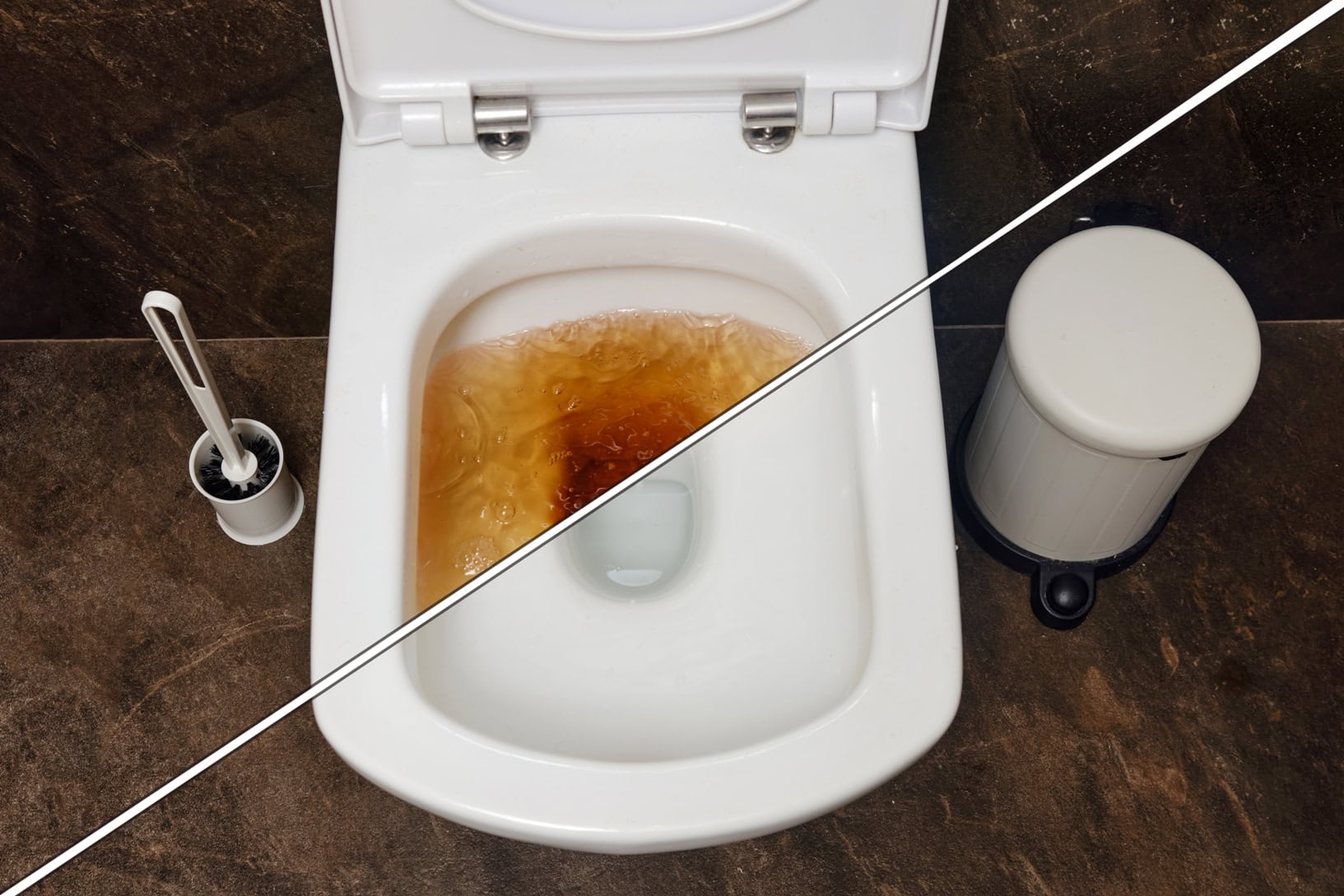 Záchodová mísa před a po vyčištění – efektivní odstranění vodního kamene pomocí kyseliny citronové.