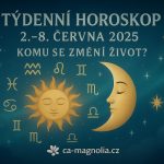 Týdenní horoskop 2.–8. června 2025 – ilustrace se znameními zvěrokruhu, Sluncem a Měsícem na noční obloze.
