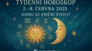 Týdenní horoskop 2.–8. června 2025 – ilustrace se znameními zvěrokruhu, Sluncem a Měsícem na noční obloze.