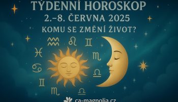 Týdenní horoskop 2.–8. června 2025 – ilustrace se znameními zvěrokruhu, Sluncem a Měsícem na noční obloze.