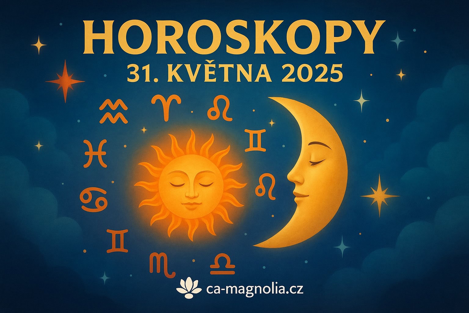 Ilustrace horoskopu na 31. května 2025 s usmívajícím se Sluncem, Měsícem, znameními zvěrokruhu a textem 'HOROSKOPY 31. KVĚTNA 2025' na tmavě modrém hvězdném pozadí. Ve spodní části je uvedena adresa webu ca-magnolia.cz.