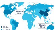 Mapa světa zobrazující očekávanou délku života podle zemí v roce 2025 – nejvyšší hodnota v Monaku (87 let), nejnižší v Nigérii (55 let)