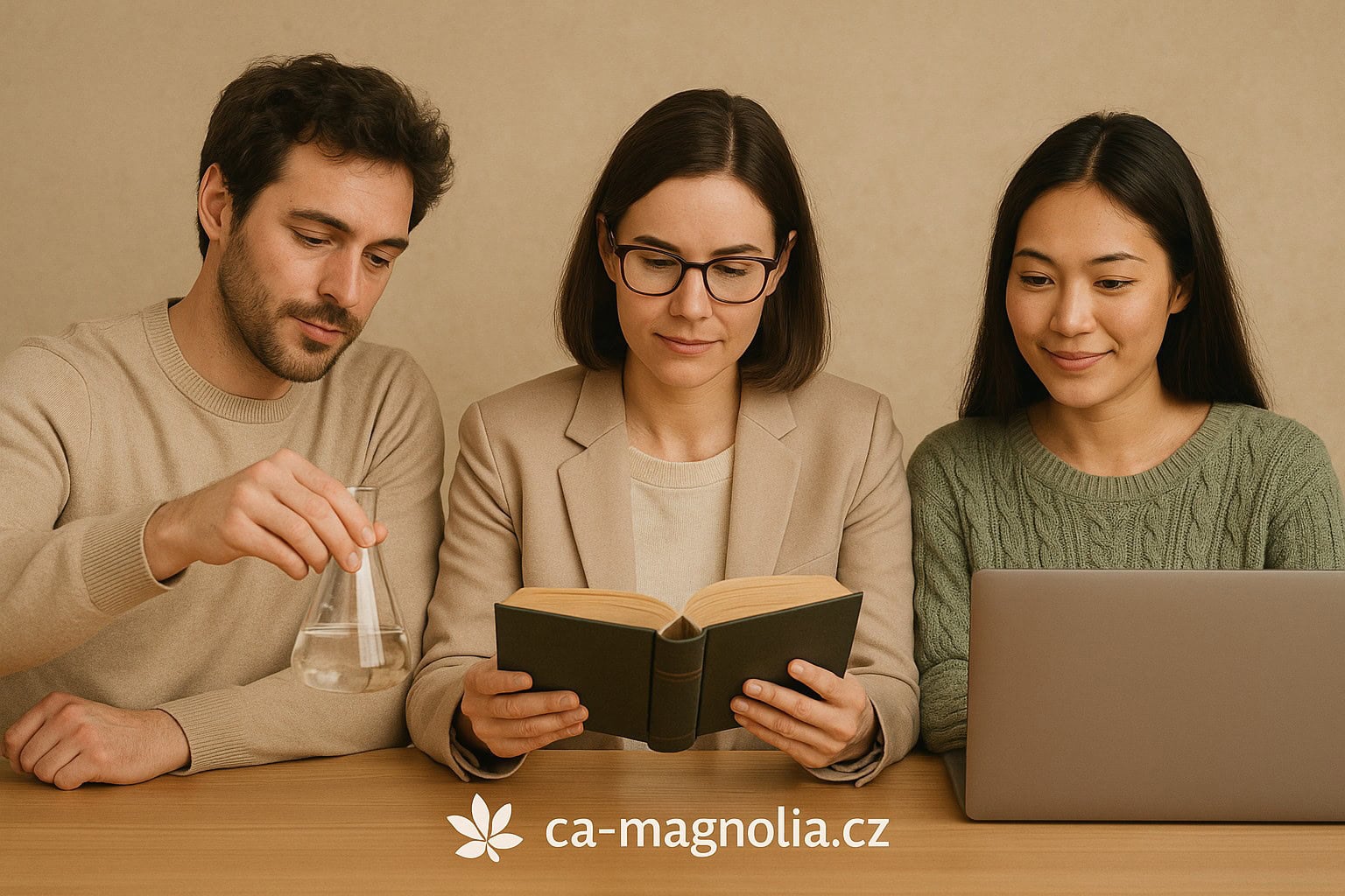 Tři nejinteligentnější znamení zvěrokruhu – Kozoroh, Vodnář a Ryby – u stolu s knihou, notebookem a kolbou. Ilustrace pro ca-magnolia.cz.