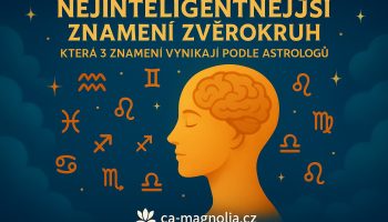 Nejinteligentnější znamení zvěrokruhu – ilustrace znázorňuje astrologické symboly a siluetu hlavy s mozkem, reprezentující znamení Vodnáře, Kozoroha a Ryb jako mentálně výjimečné podle astrologů. Obrázek doplňuje logo ca-magnolia.cz