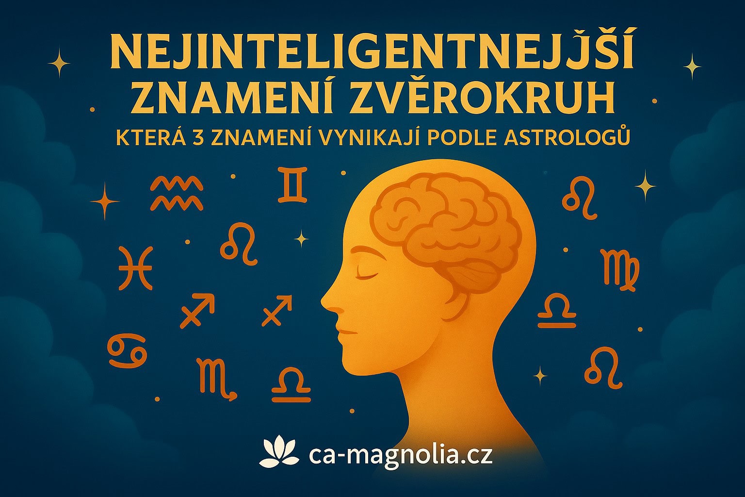 Nejinteligentnější znamení zvěrokruhu – ilustrace znázorňuje astrologické symboly a siluetu hlavy s mozkem, reprezentující znamení Vodnáře, Kozoroha a Ryb jako mentálně výjimečné podle astrologů. Obrázek doplňuje logo ca-magnolia.cz