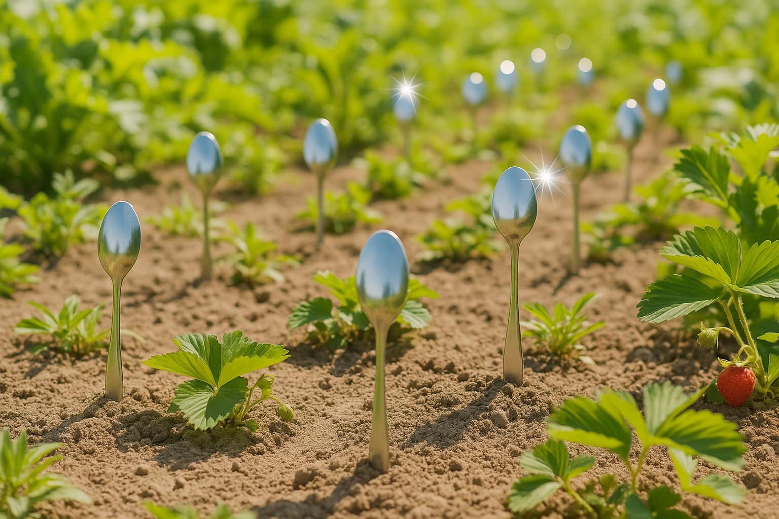 Kovové lžíce zapíchnuté v záhonu mezi jahodami jako účinný způsob, jak ochránit záhon před krtky a suchem.