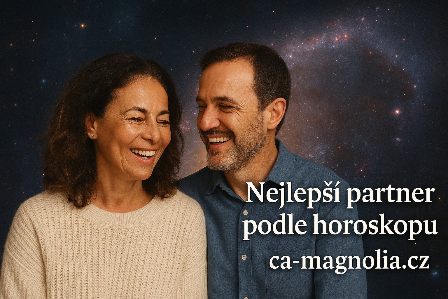 Nejlepší manžel podle horoskopu – ilustrační obrázek šťastného páru na vesmírném pozadí.