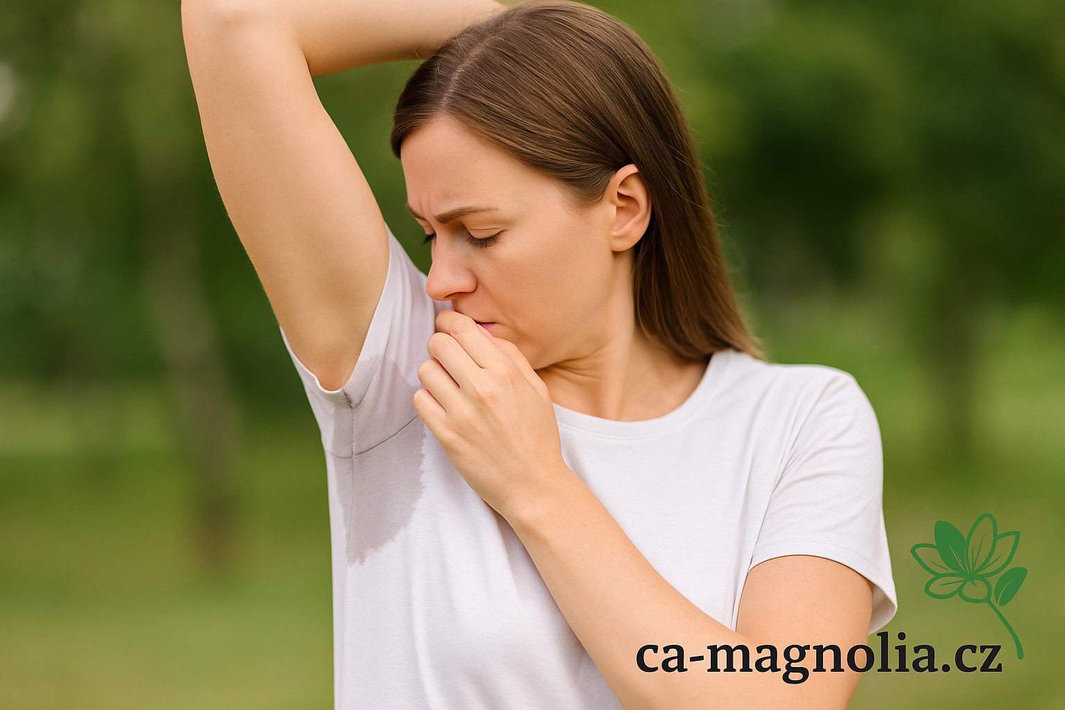 Žena venku zkoumá mokré podpaží se skvrnou na tričku – přírodní deodorant na podpaží jako řešení proti potu a zápachu bez chemie.