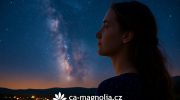 Žena pozoruje hvězdnou oblohu a Mléčnou dráhu – astrologický červen 2025 slibuje zásadní změny pro znamení Blíženců, Ryb a Vodnářů.