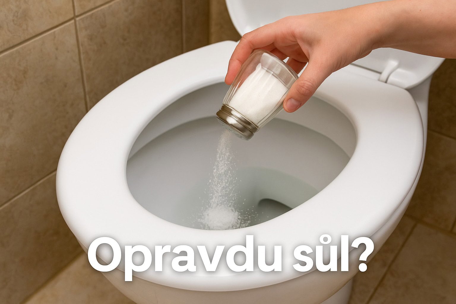 Ruka sype kuchyňskou sůl do záchodu jako přírodní čisticí prostředek
