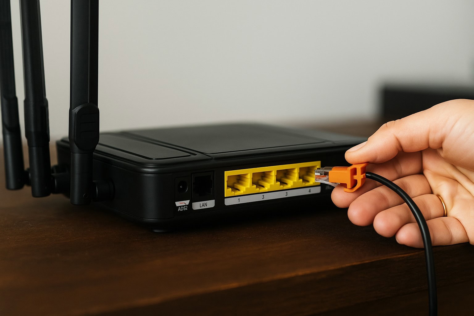 Detailní pohled na ruku zapojující síťový kabel do Wi-Fi routeru, černé zařízení na dřevěném stole