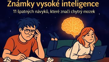 Známky vysoké inteligence – ilustrace s mozkem a dvěma lidmi