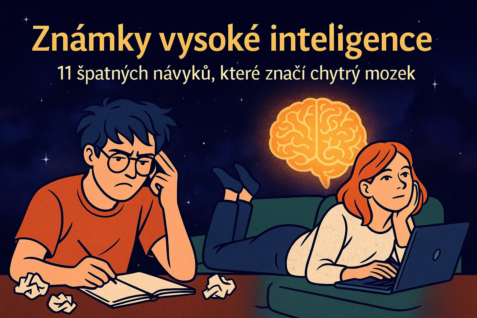 Známky vysoké inteligence – ilustrace s mozkem a dvěma lidmi